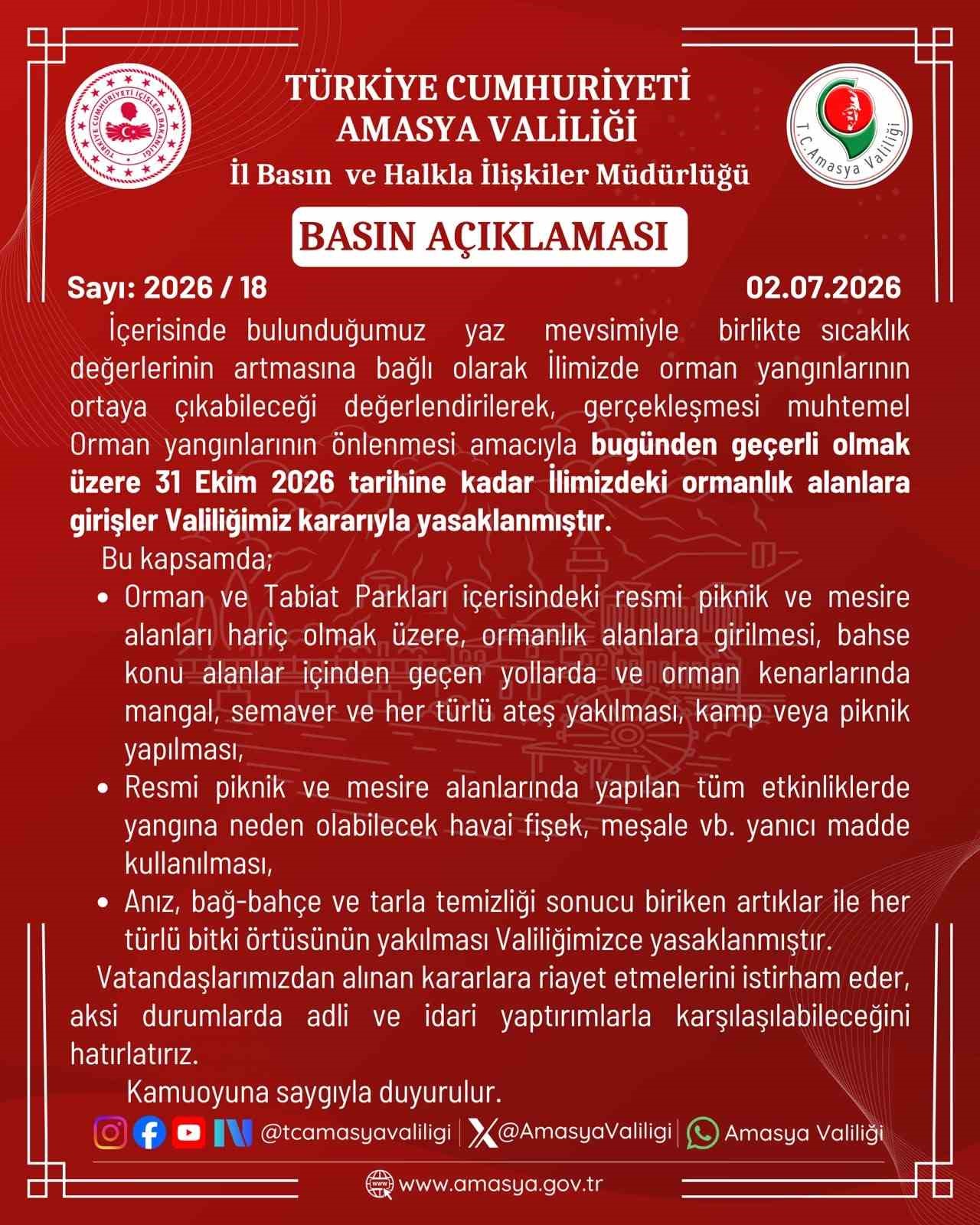 Amasya’da ormanlık alanlara girişler yasaklandı