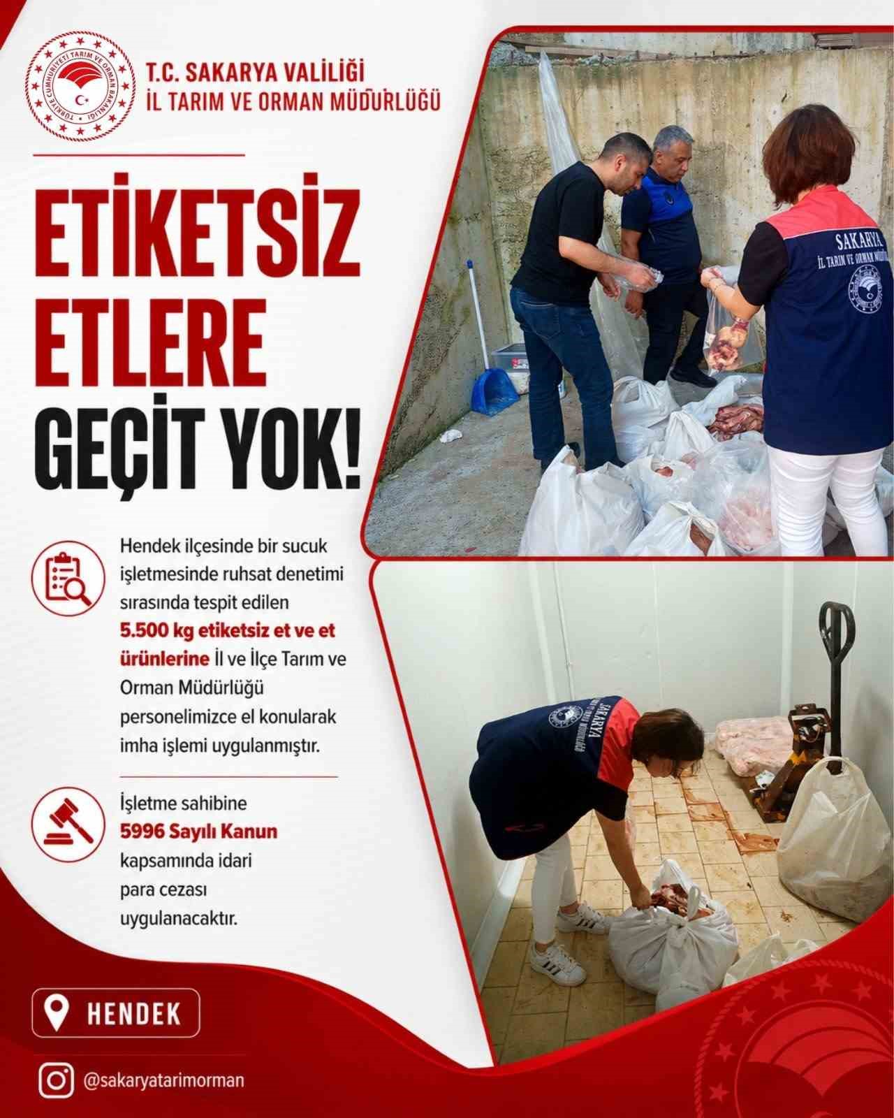 Sakarya’da bir işletmede 5 buçuk ton etiketsiz et ele geçirildi