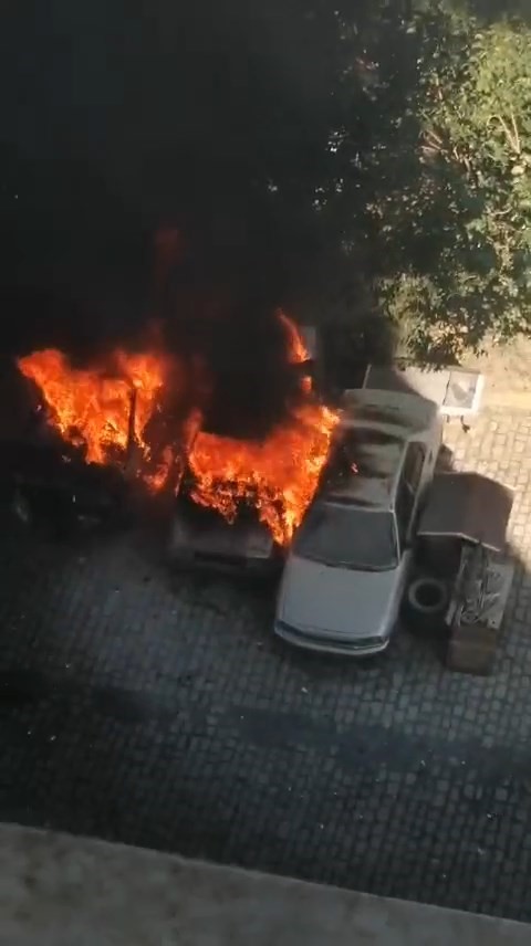 Park halindeki otomobiller alev topuna döndü