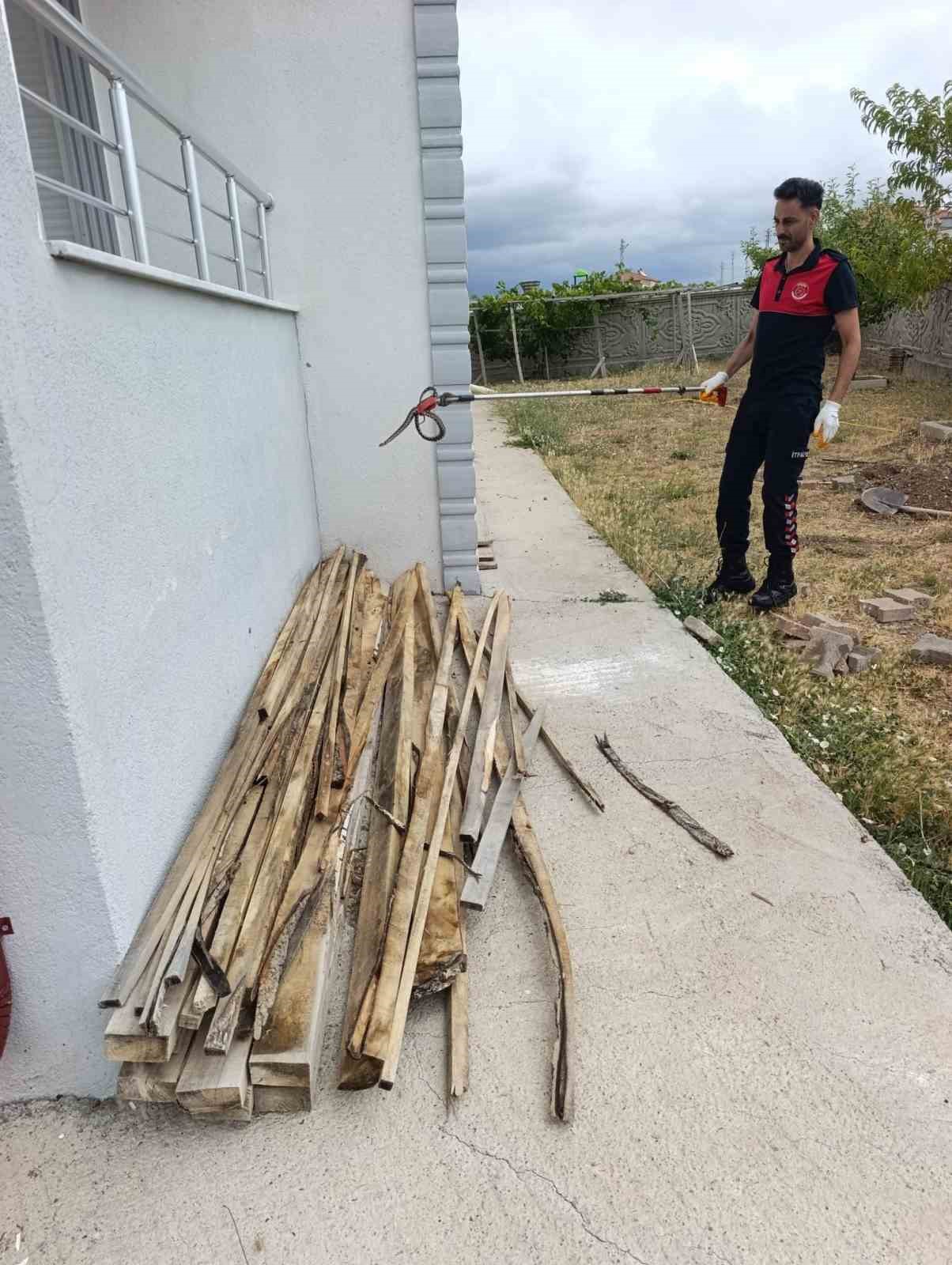 Sivas’ta odun yığınlarının arasına giren yılan itfaiye ekiplerini harekete geçirdi