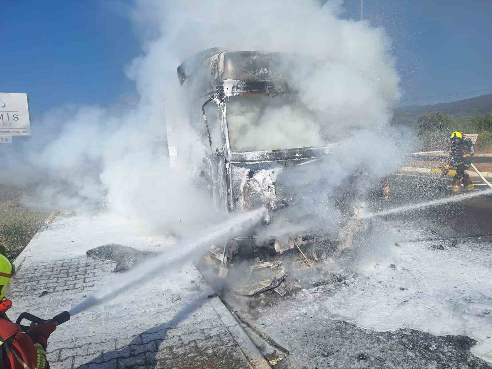 Bandırma-Çanakkale karayolunda kamyon yangını otluk alana sıçradı