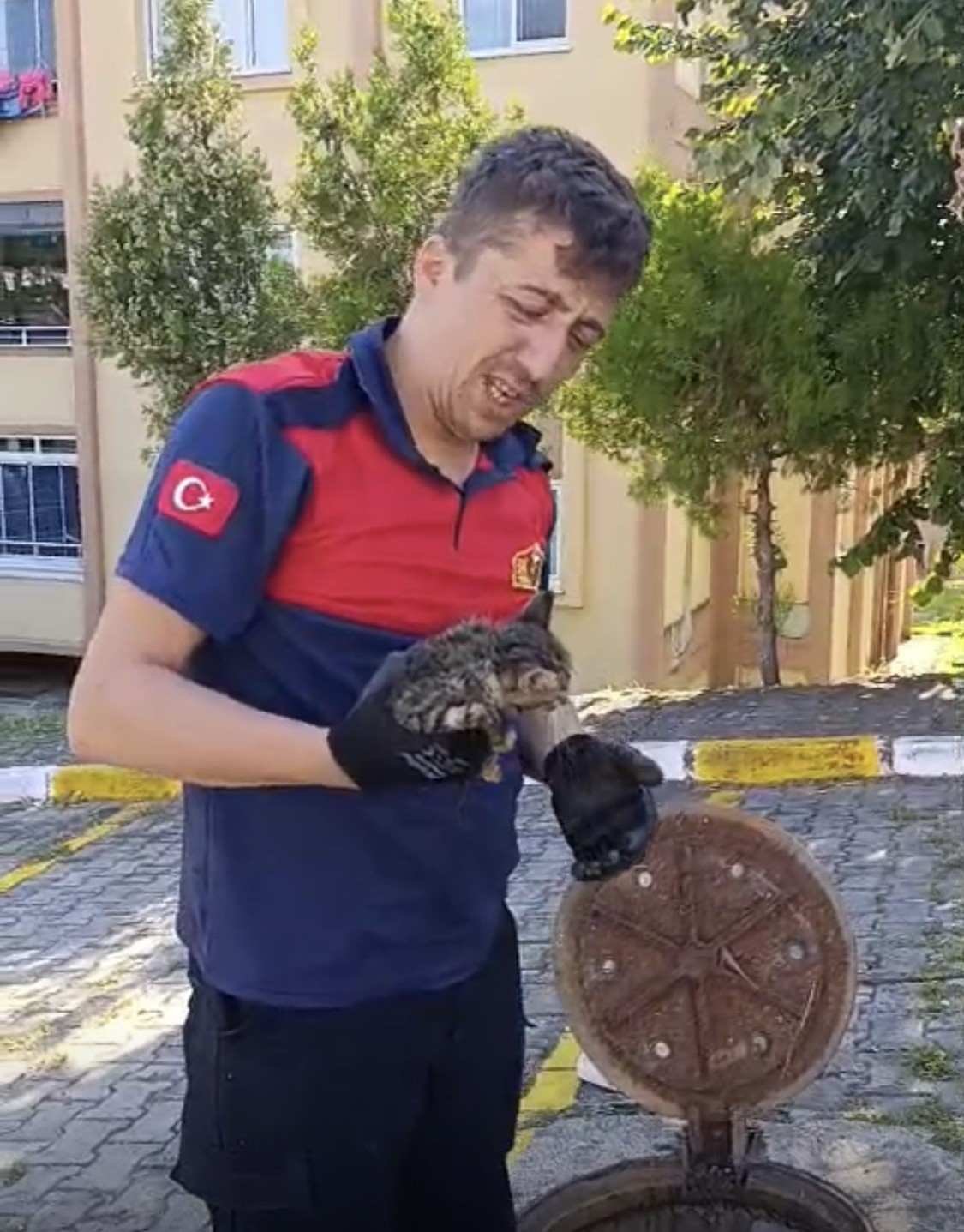 Kanalizasyon borusuna sıkışan yavru kedi kurtarıldı