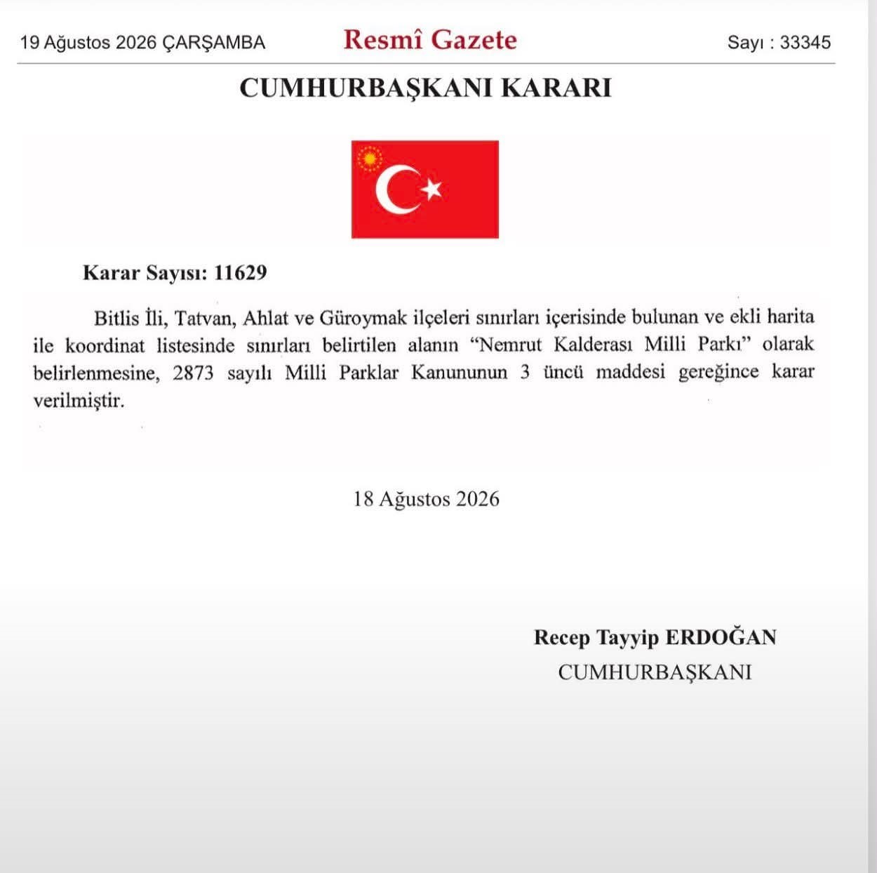 Bitlis’teki ‘Nemrut Kalderası’ Milli Park ilan edildi