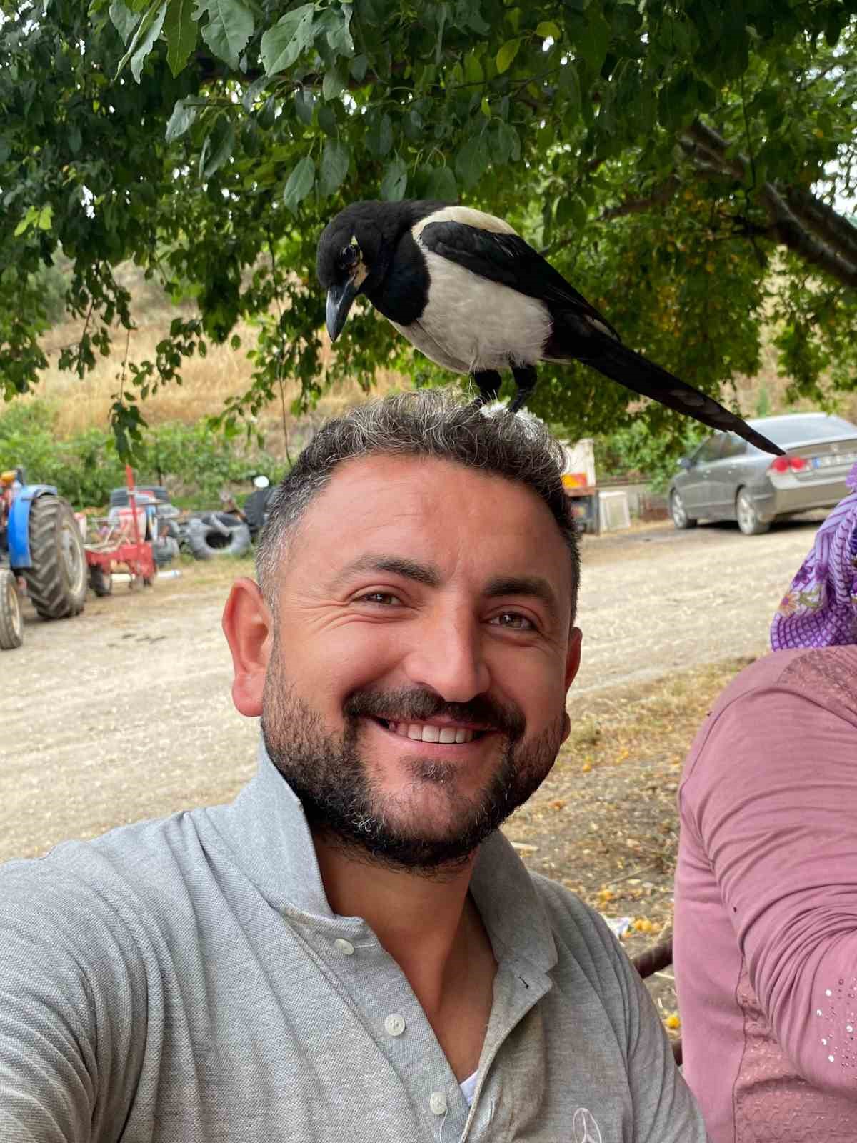 Perişan ismini verdiği saksağanı omuzundan indirmiyor