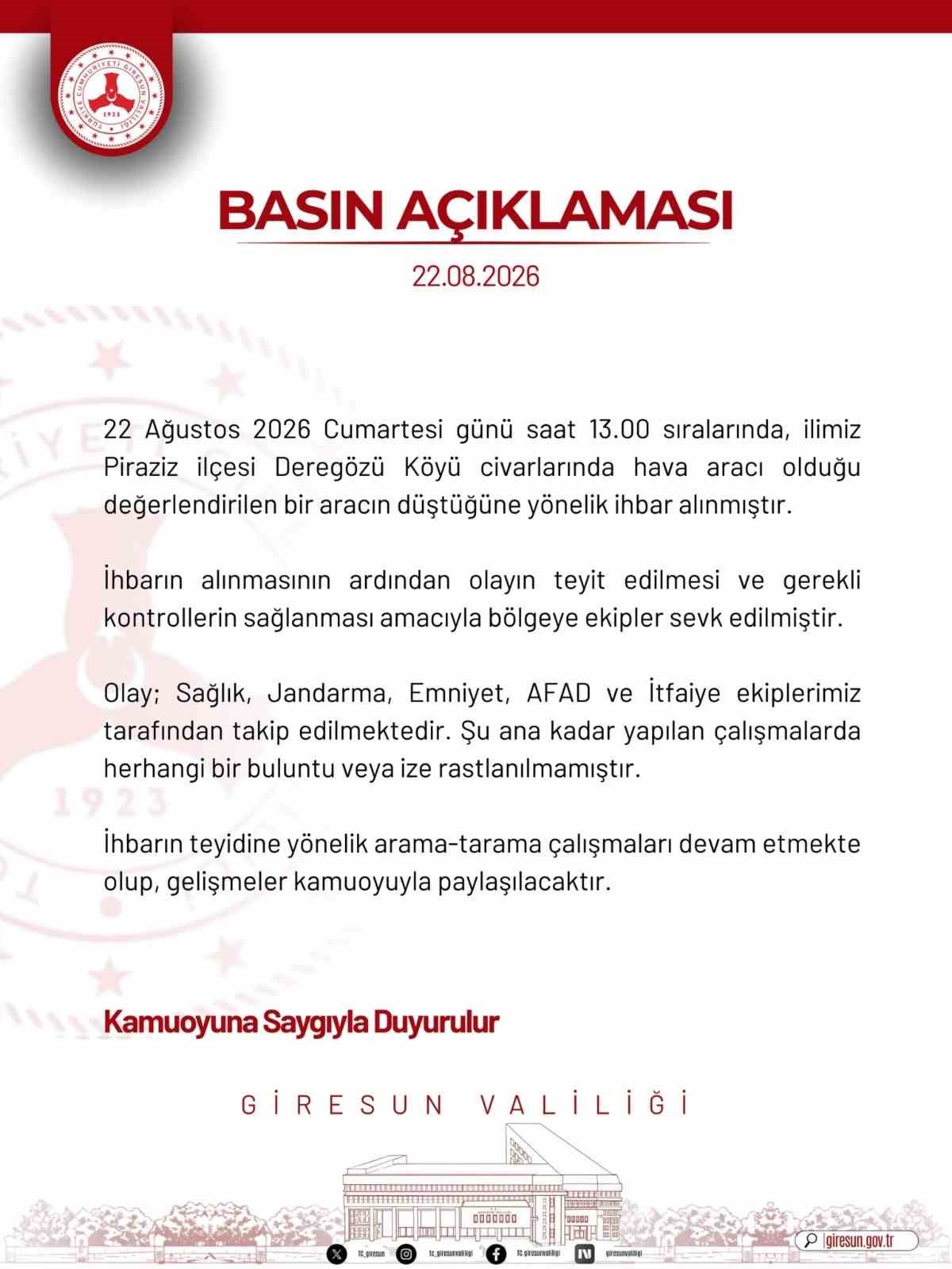 Giresun Valiliği: "Şu ana kadar yapılan çalışmalarda herhangi bir buluntu veya ize rastlanılmamıştır"