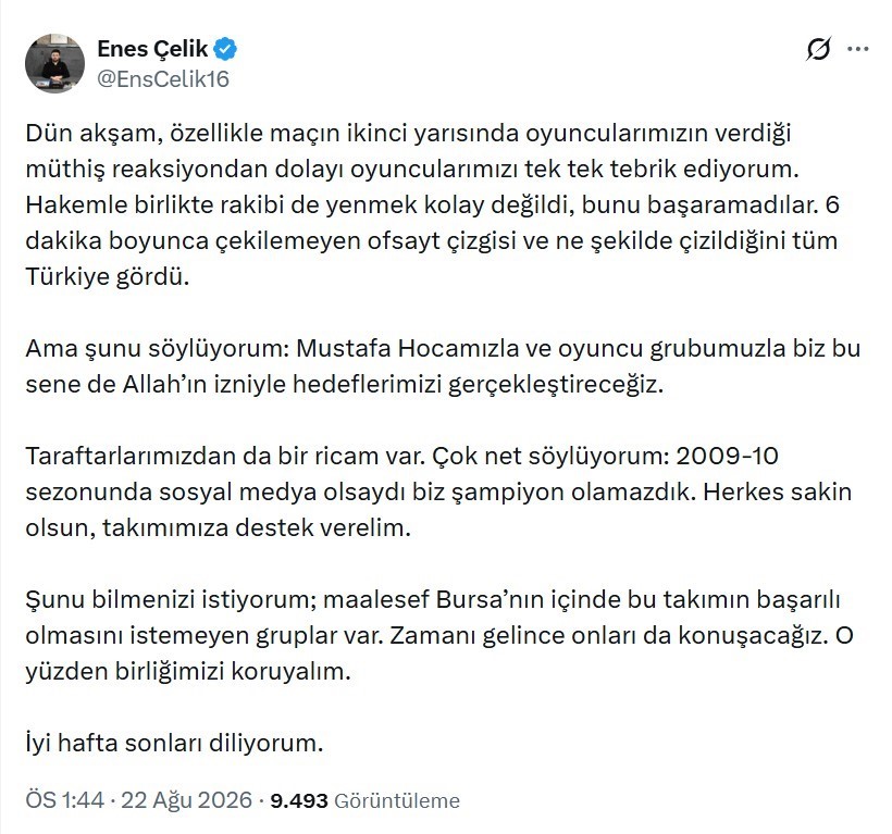 Bursaspor Başkanı Enes Çelik: "Hedefimize ulaşacağız"