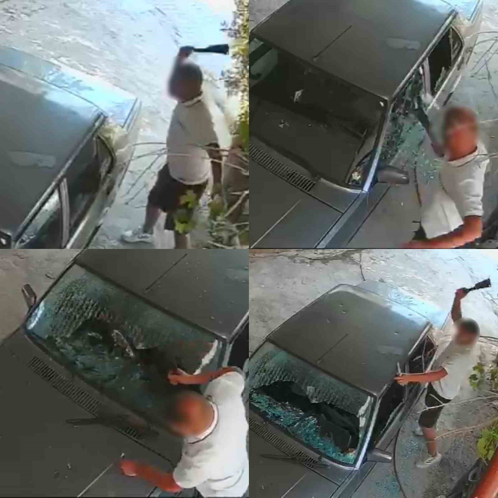 Kadına ait otomobile satır ve bıçakla zarar verdi: O anlar kamerada