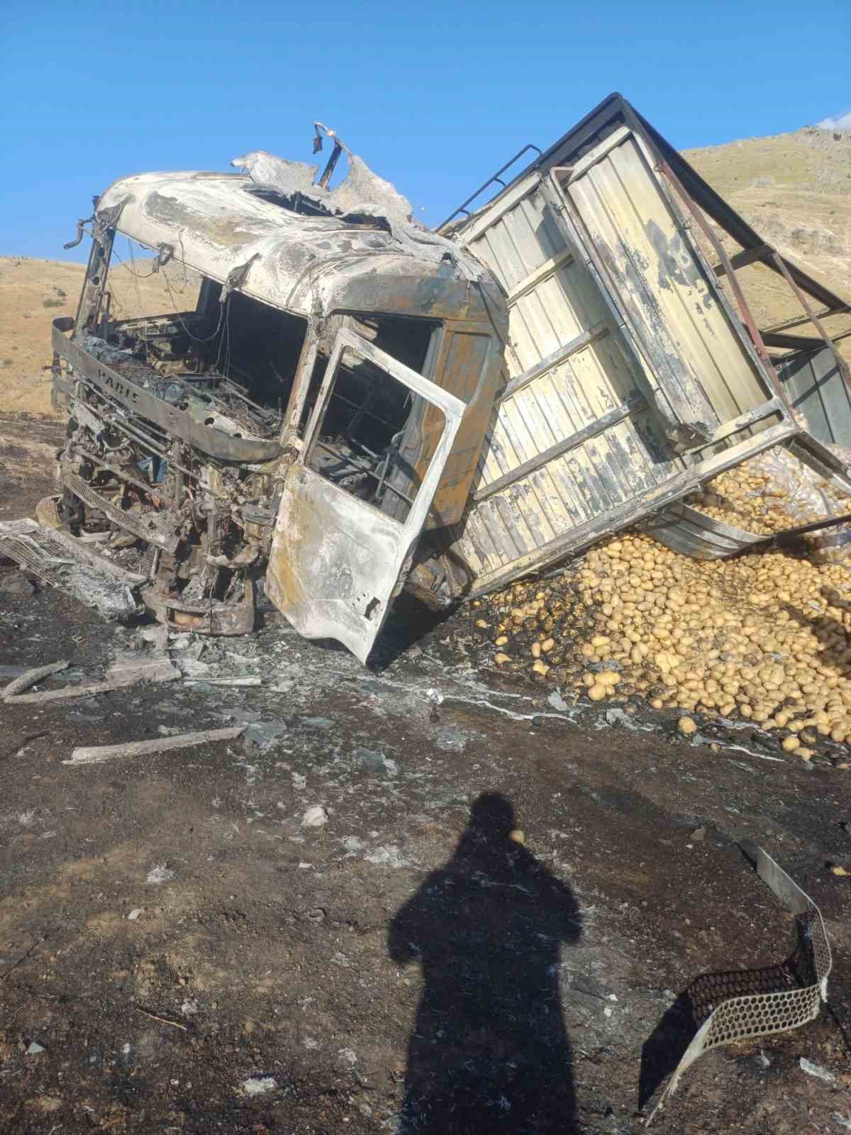 Balatalardan çıkan alevler kamyonu ve çevresindeki araziyi yaktı