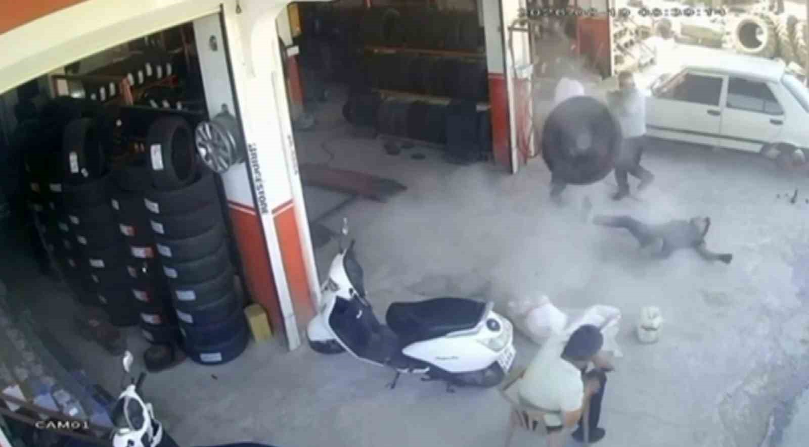 Lastik tamir sırasında bomba gibi patladı