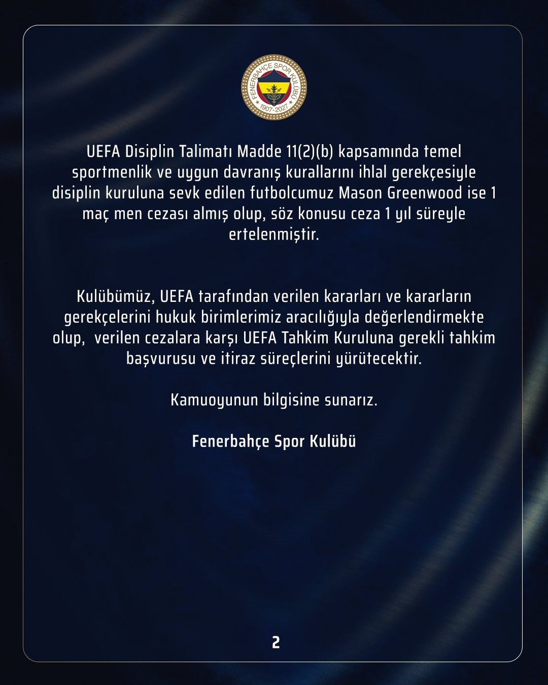 Fenerbahçe’den UEFA kararına dair açıklama