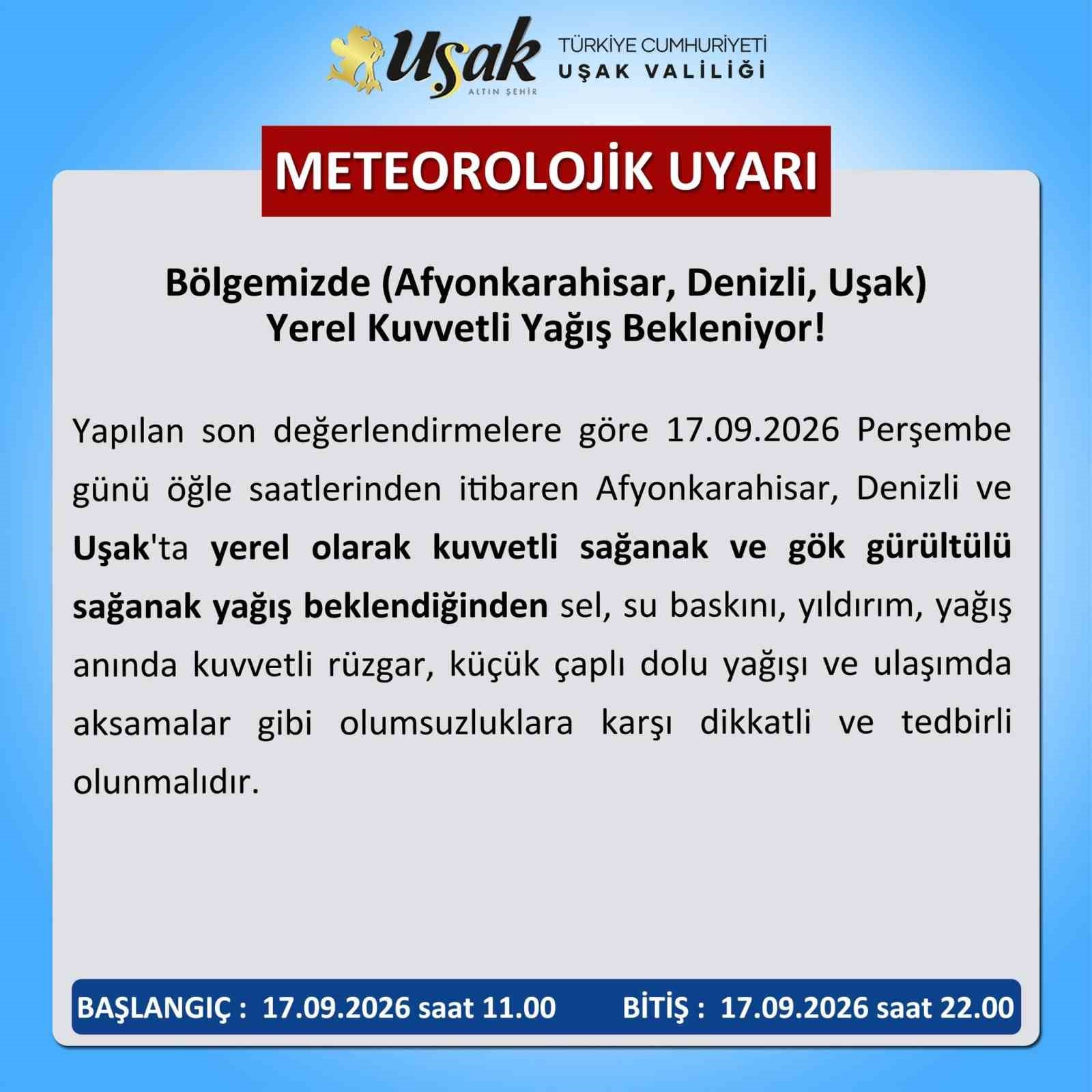 Uşak için kuvvetli sağanak yağış uyarısı