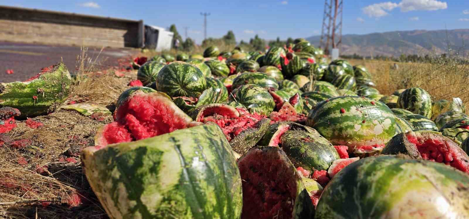 Muş’ta karpuz yüklü tır devrildi: Karpuzlar yola döküldü