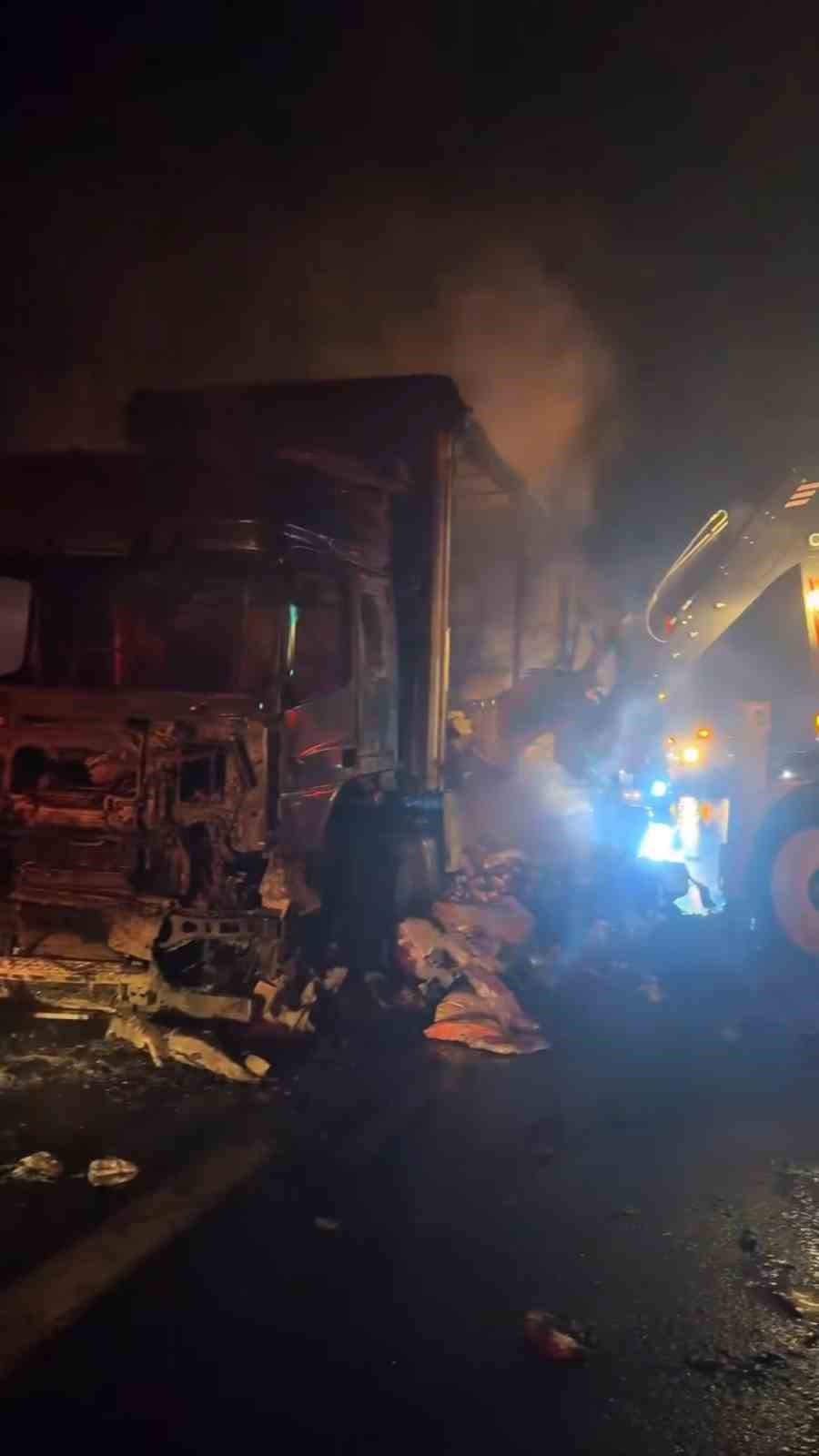 TEM’de tekstil yüklü tır alev alev yandı
