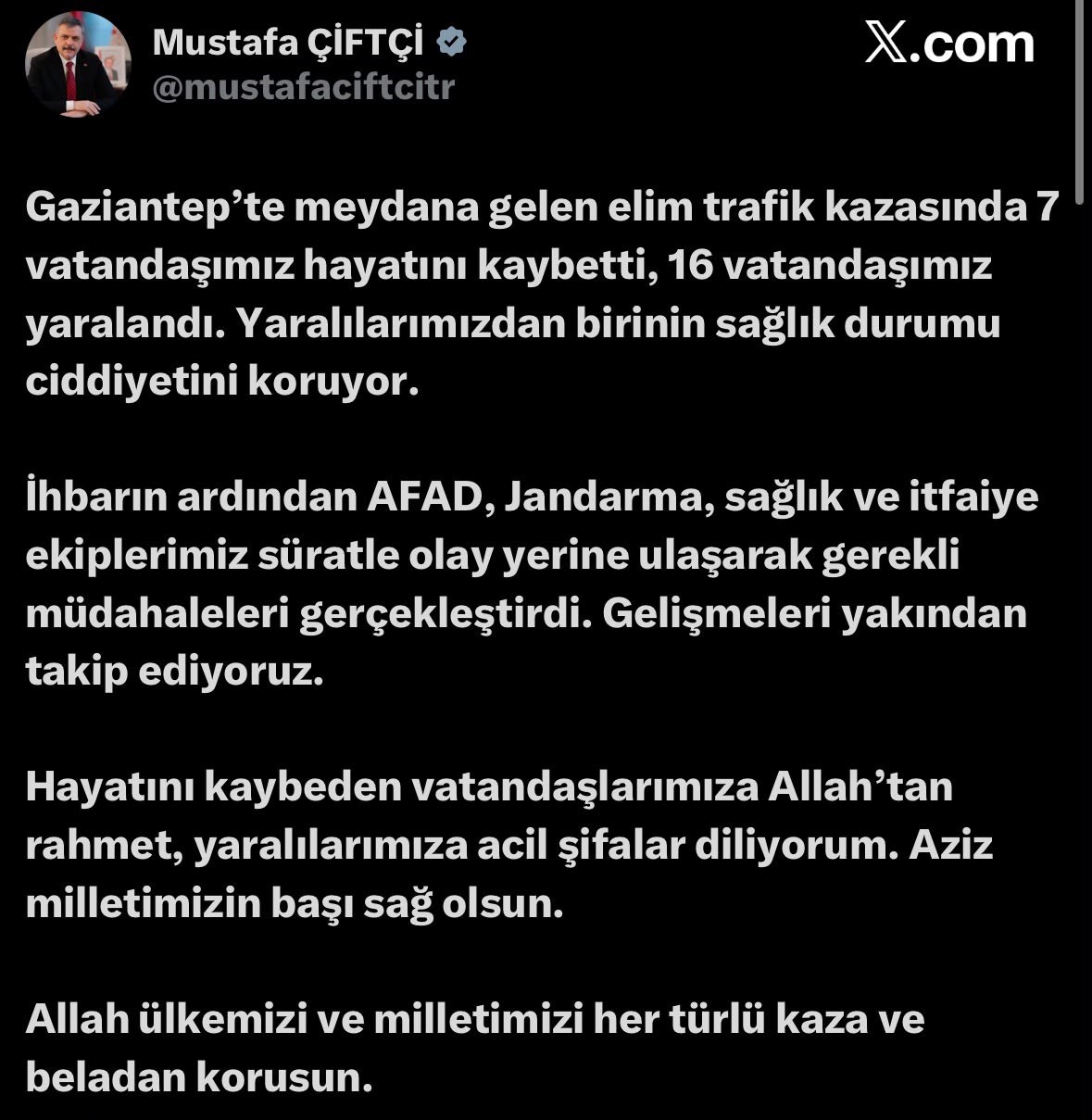 Bakan Çiftçi: "7 vatandaşımız hayatını kaybetti, 16 vatandaşımız yaralandı"