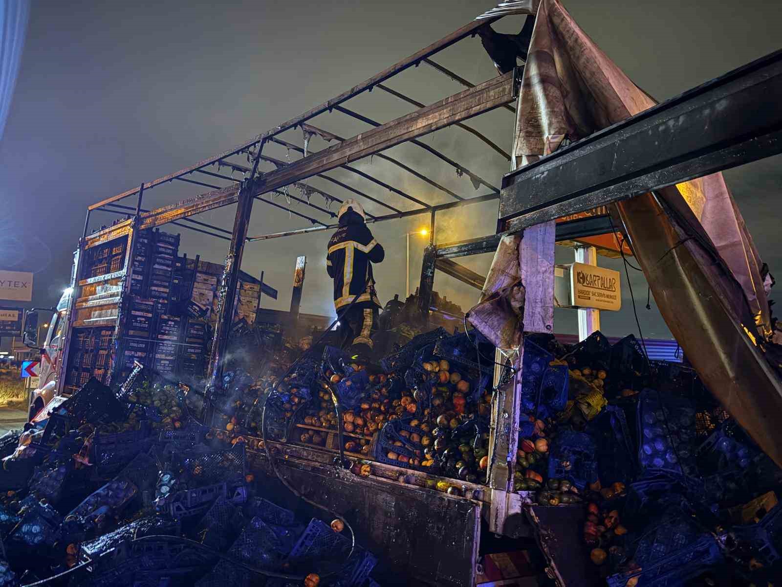 Kayseri’de sebze ve meyve yüklü kamyon alevlere teslim oldu