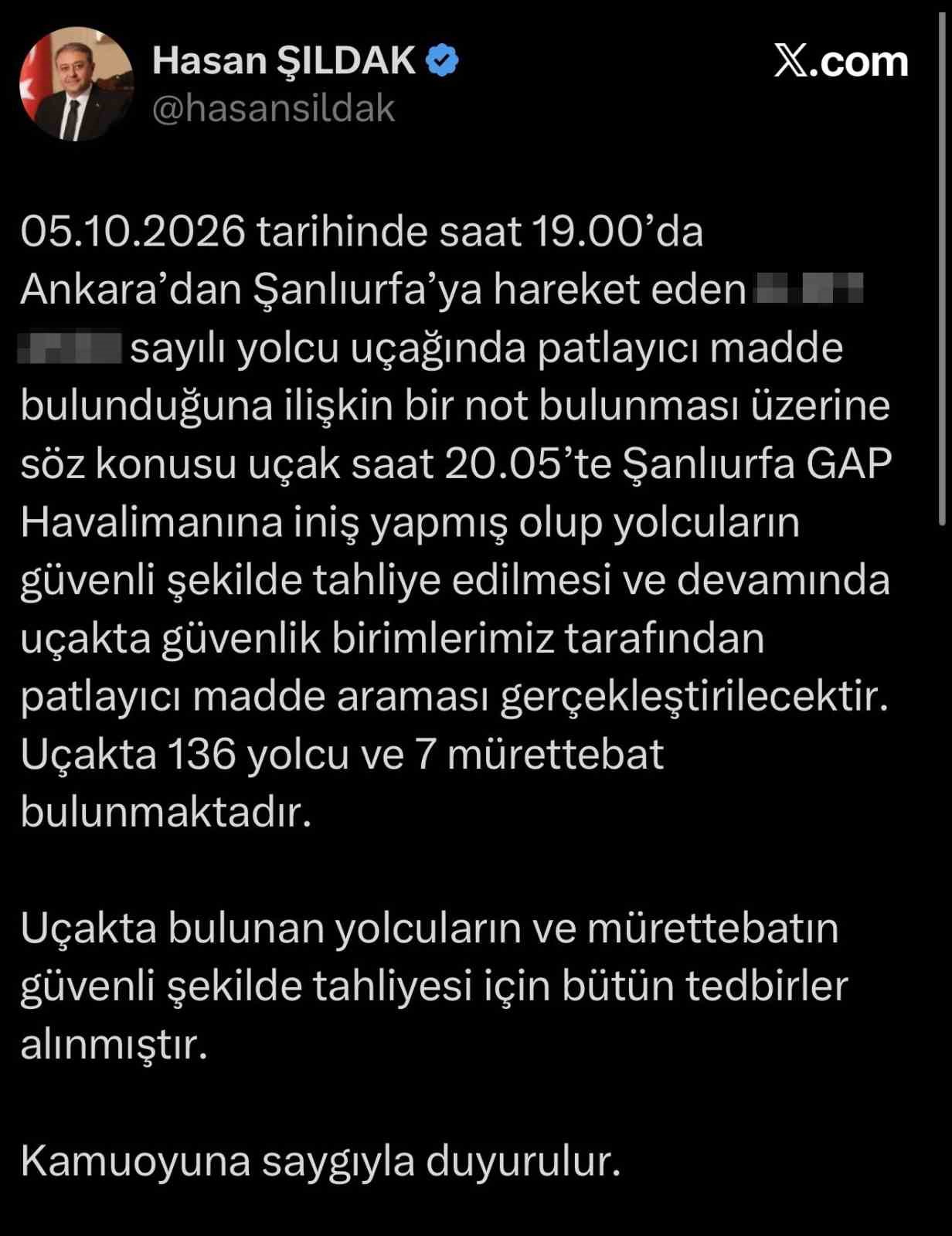 Şanlıurfa Valisi Hasan Şıldak’tan bomba ihbarı yapılan uçağa ilişkin açıklama