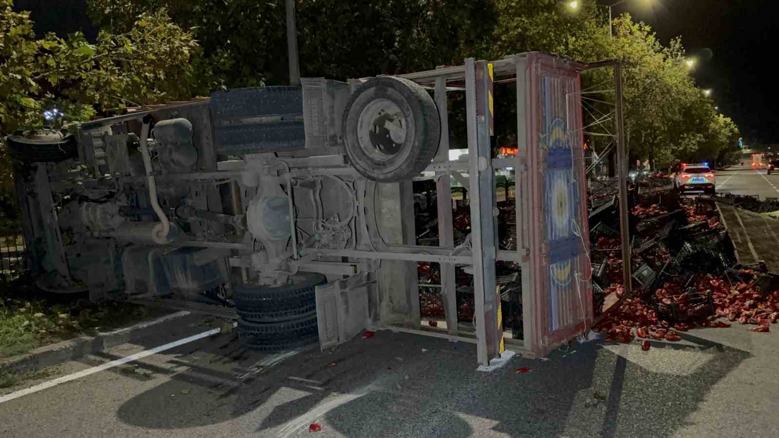 Devrilen kamyondaki 10 ton kapya biber yola saçıldı: 2 yaralı