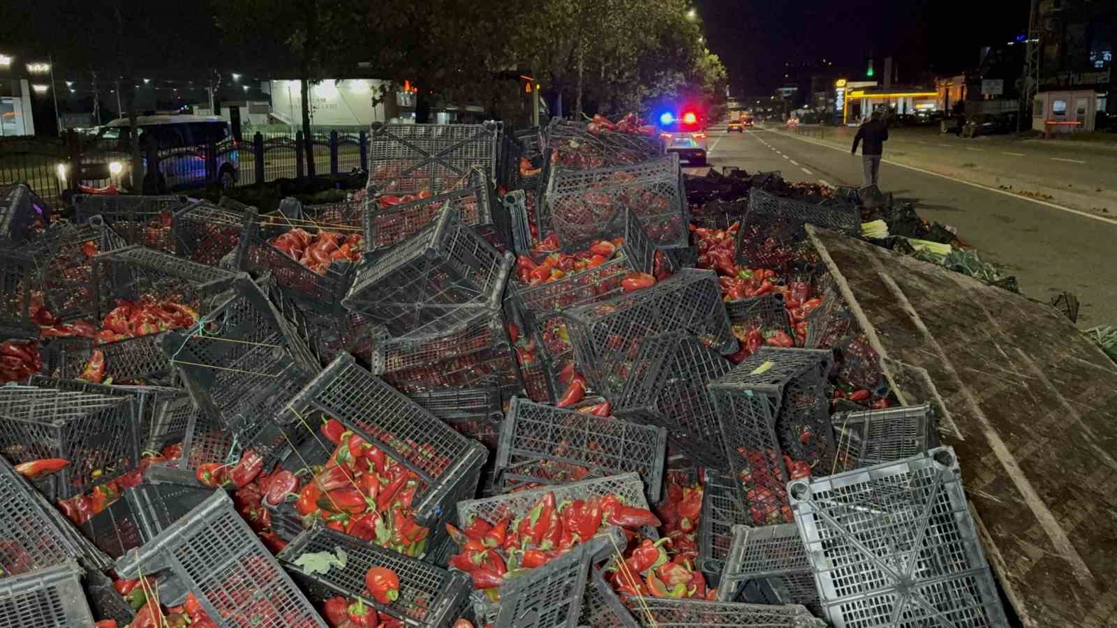 Devrilen kamyondaki 10 ton kapya biber yola saçıldı: 2 yaralı