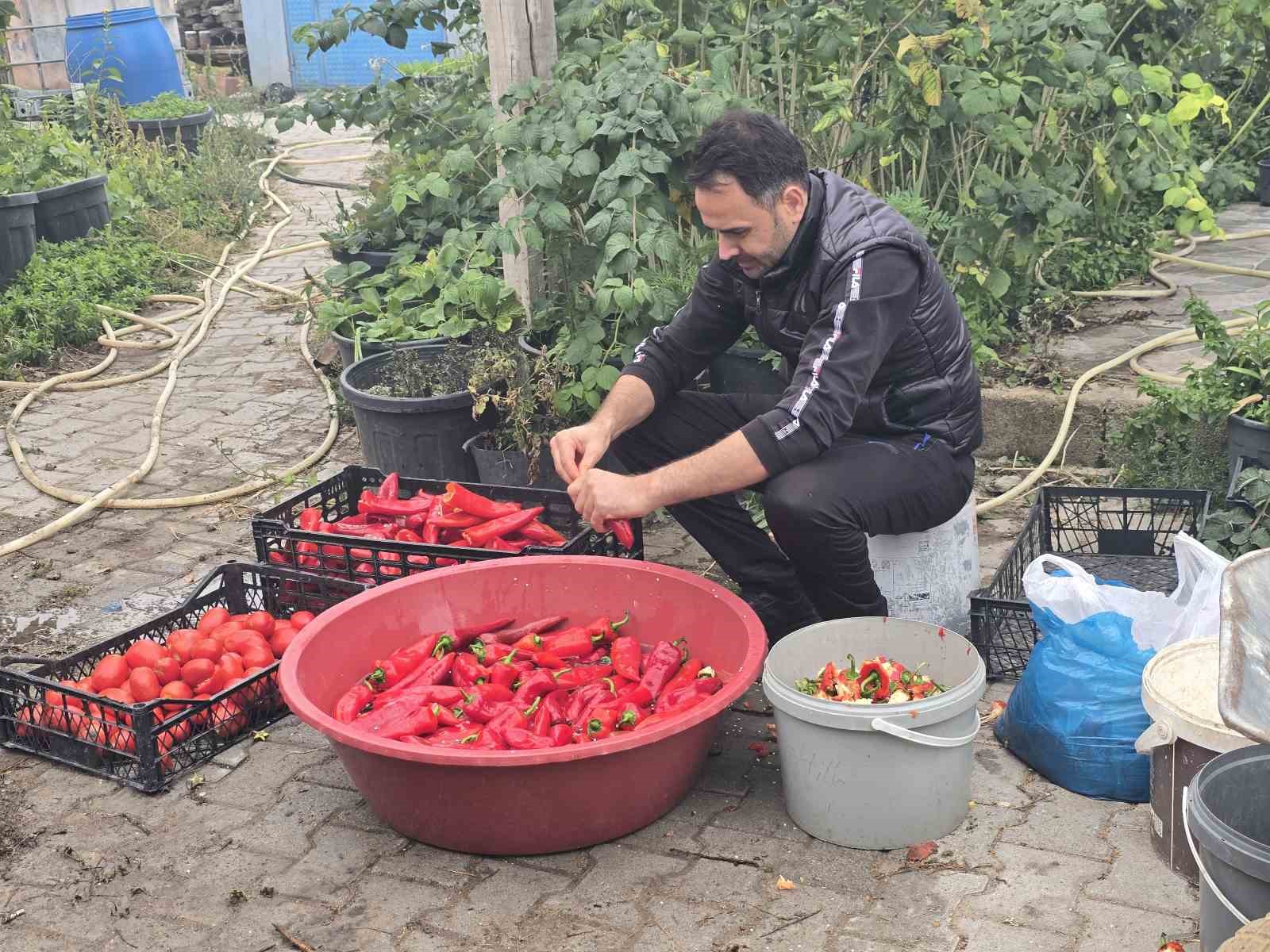 Eşlerine yardımcı olmak isteyen üç erkek arkadaş birlikte salça kaynattı