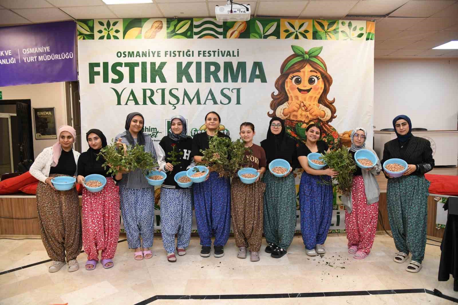 Osmaniye’de üniversiteli kızlar fıstık kırma yarışmasında kıyasıya mücadele etti