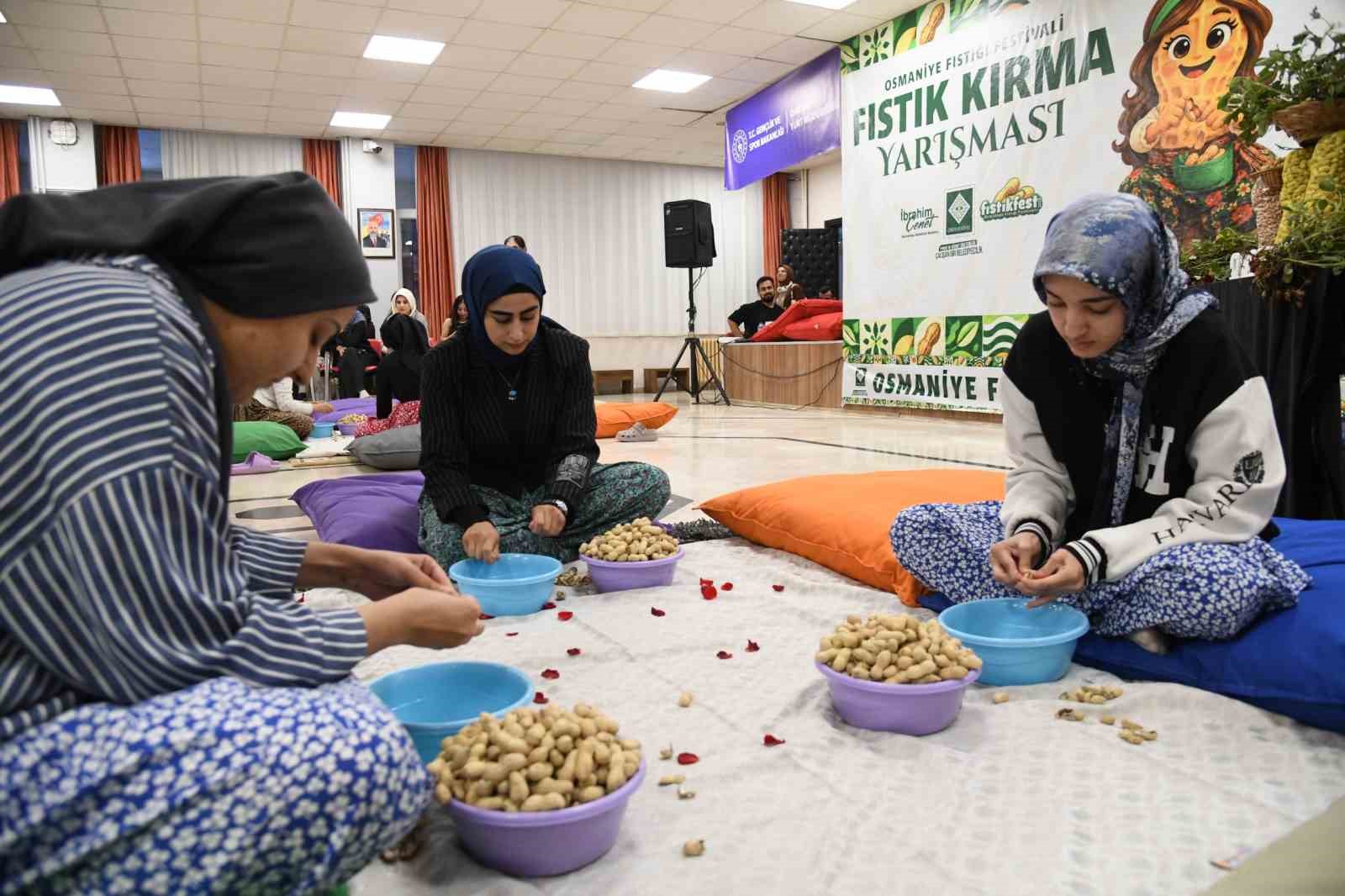 Osmaniye’de üniversiteli kızlar fıstık kırma yarışmasında kıyasıya mücadele etti
