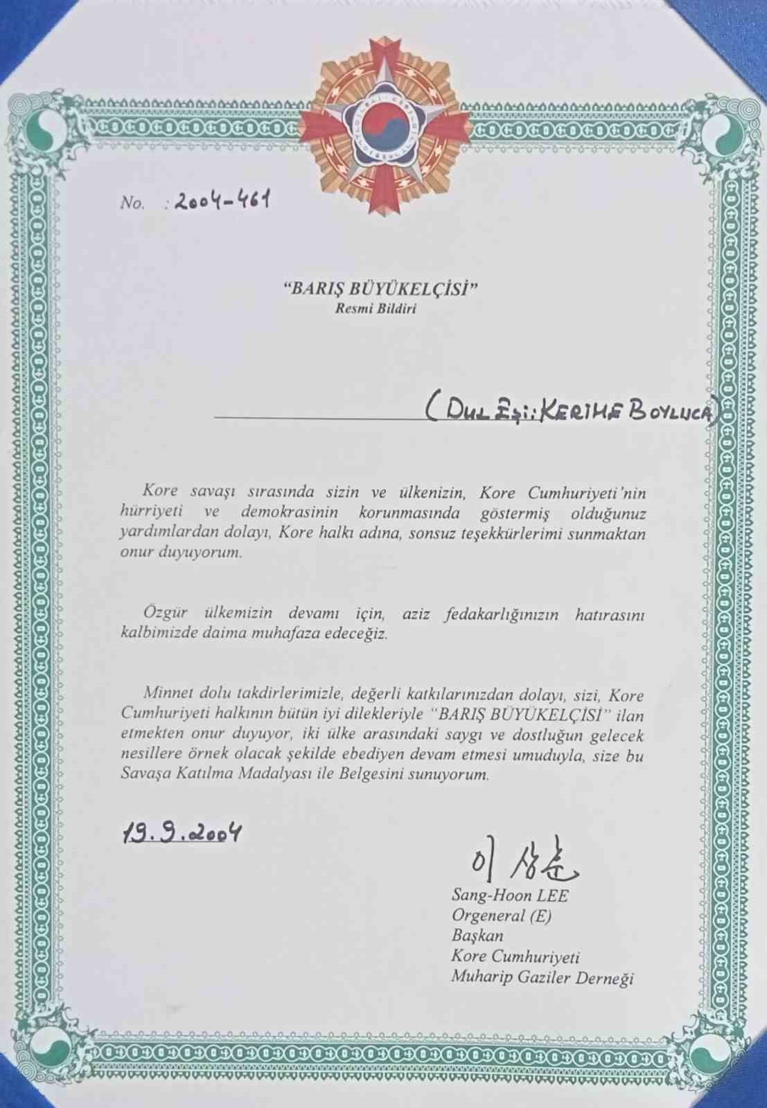 Kore’den Erzurumlu Gaziye "Barış Büyükelçisi" onuru