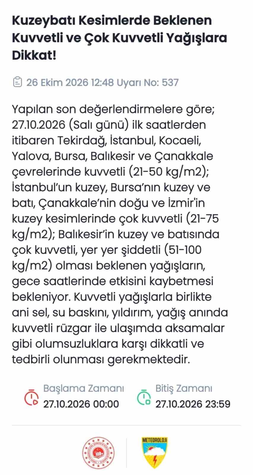 Meteoroloji’den Tekirdağ ve çevre illere kuvvetli yağış uyarısı
