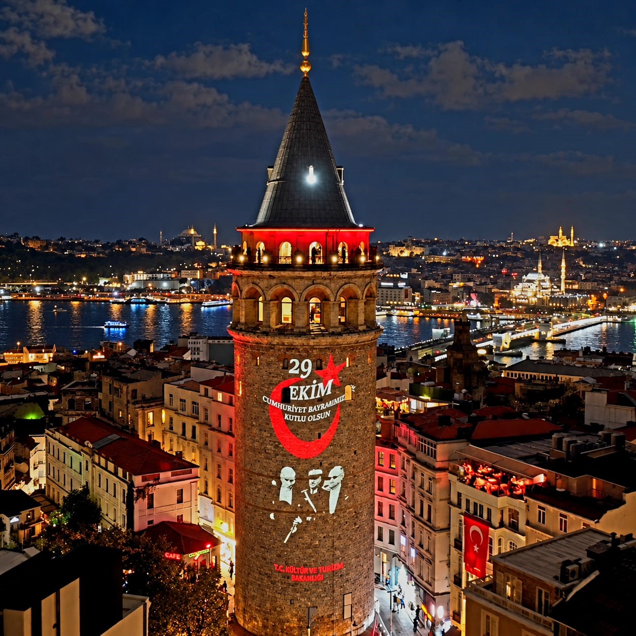 Cumhuriyet’in 103 yıllık ışığı Galata Kulesi’ni aydınlattı
