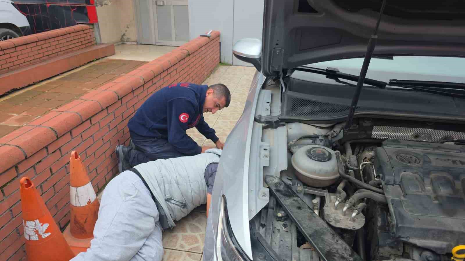 Otomobilin motor bölümüne giren yavru kedi 1 saatlik uğraşın ardından çıktı